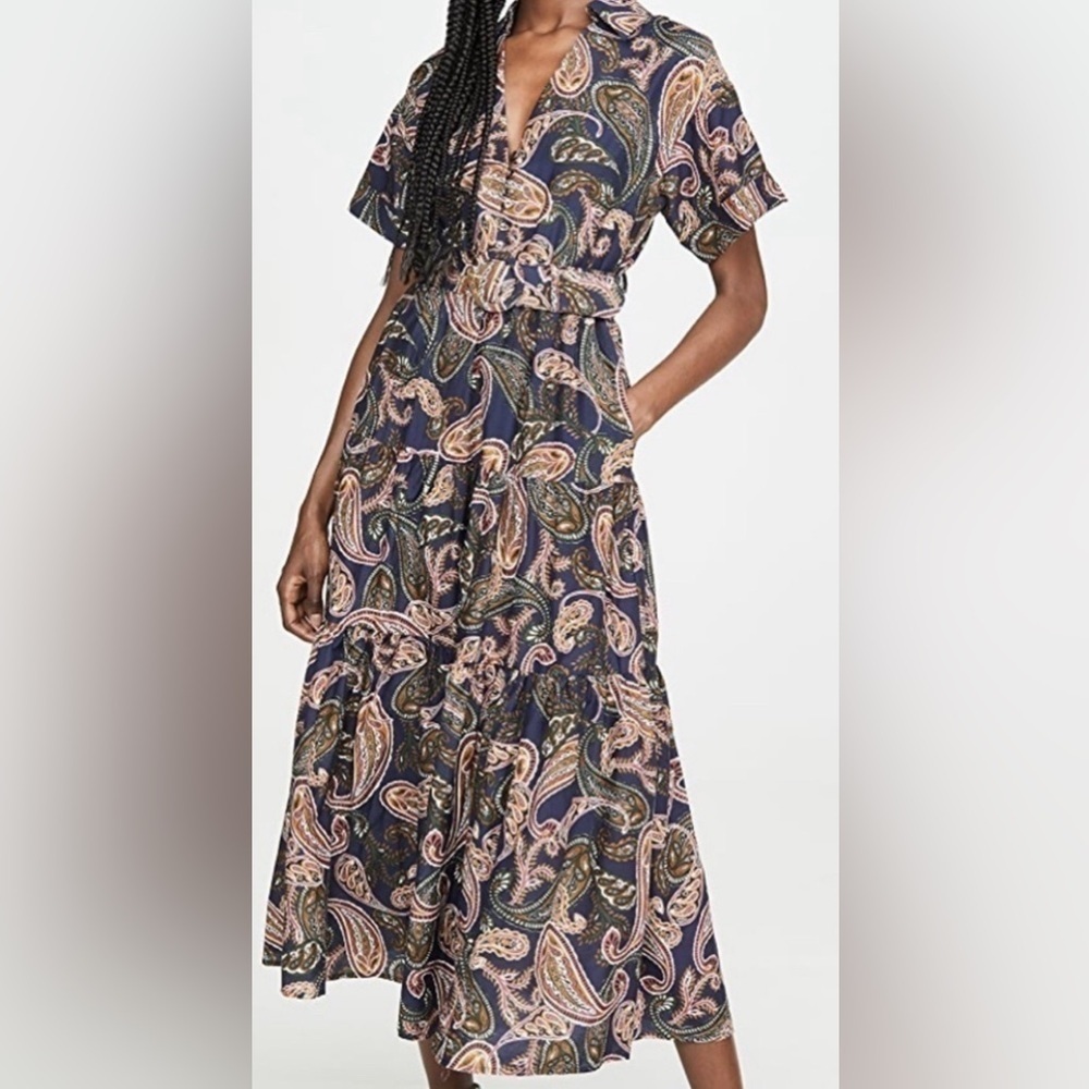 Nicholas Silk Blend Floral Amina Blue Dark Paisley Print Midi Shirt Dress Sz 14